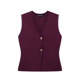 Summer New Temperament Fashion V-Neck Sleeveless Single-Claw Buckle Solid-Colored Vest Vest Women