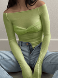 Mesh Long Sleeve Off Shoulder Top- Outfit