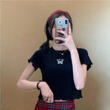 Zingj 2024 Summer High Waist Crop Short T-Shirt Women Slim And Thin Butterfly Embroidery Short-Sleeved Top