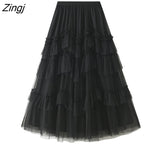 Tulle Purple Green Long Skirts Womens Korean Style Solid High Waist A-Line Tutu Skirt Female Mesh Pleated Maxi