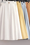 Women Cotton Skirt 2023 Spring Summer Preppy Style Solid Casual Elegant Pocket Elastic High Waist A-Line Midi Skirts