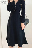 Korean High Waist Solid Color Simplicity Dress V-neck Long Sleeve Elegant Dresses for Women Black Knitting Dress