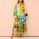 Women's Temperament Print Lantern Sleeve Belt Shirt Dress Dress
