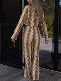 Women's Long-Sleeved Trousers Two-Piece Round Collar Crochet Girl Knitted Women