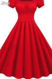 Women Dress Sexy Puff Sleeve Casual Vintage Pin Up Party Dress Solid Elegant Midi