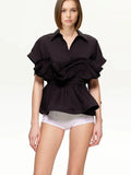 Zingj Summer New Fashion Lapel Flounces Splicing Design Sense Of Waist Show Thin Senior Sense Of Short-Sleeved Shirt