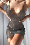 Women Rhinestone Glitter Sheer Mesh Dress Spaghetti Strap V Neck See Through Sequin Mini Dress Shiny Cover Up