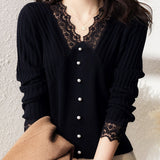V-Neck Lace Knitted Shirt Original Single Italian Women's Single Single Autumn European Long Sleeve Bottom Top