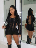 Sexy Women Knit Jumpsuit Long Sleeve Off-shoulder Backless Hollowed Solid Slim Fit Bodysuit for Club Party
