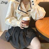 Goth White Shirts Women Elegant Design Ruffle Peter Pan Collar Blouses Female Double Breasted Oversized Puff Sleeve