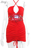 Women Solid Bodycon Dress Plain Cross Halter Ruched Tie-Up Hollow-Out Hip Dress Sexy Ladies Tight Short Party