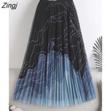 Midi Long Pleated Tulle Skirt Women 2022 Korean Fashion 3 Layers Mesh Black A Line High Waist Skirt