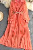 Autumn Women Turn-Down Collar Pleated Long Dress Vintage Single Breasted Lantern Sleeve High Waist Draped Maxi Robe