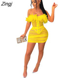 Women Feather Two Piece Set Strapless Shirt + Mini Skirt Dress Sheer Mesh Party NIght Clubwear Dresses For Women