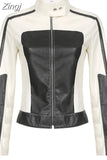 Streetwear Chic Autumn Winter PU Leather Jacket Women Zipper Coat Black White Patchwork Motorcycle Jacket Y2K