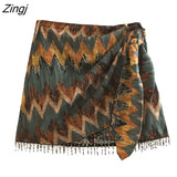 Women Vintage Geometric Print Knotted Mini Sarong Skirt Faldas Mujer Female Beading Tassel Casual Zipper Vestidos