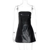 Black PU Leather Strapless Mini Dress- Outfit