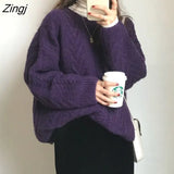 Women Vintage Purple Harajuku Simple Ulzzang Trendy Ladies Knitwear Long Sleeve Winter Fall Basic Femme Sweater