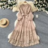 Retro Hollow Hook Lace Splicing Bow Strap With Waist Single Buckle Over Knee Dress New Autumn