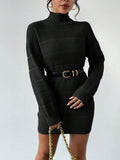 And Winter Half-High Collar Knitted Dress Women's Fashion Pure Color Sexy Bag Ass