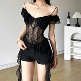 2024 Summer New Women's Solid Color Repair Body Hollow Perspective Sexy Word Tie Sling Short-Sleeved