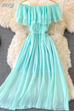 Chiffon Dress Women Sexy Slash Neck Ruffle Robe Elegant Ruffle High Waist Vestidos Female Beach Vacation