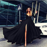 2021 Fashion Summer Sexy Women Deep V-Neck Big Dress Elegant Long Sleeved Solid Slit Vestido Lady Party Nightclub