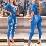 Women Buttons Sexy Denim Jumpsuit Hole Long Rompers Pocket Bodycon Summer Jeans Overalls Casual Fashion Party Club