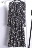 Floral Print Women Dress Female Autumn Long Sleeve Vintage Chiffon Bow Tie Neck Office Lady Shirt Dress Summer
