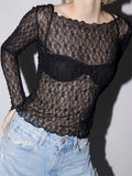 Women Lace Floral T-shirts Crop Tops Long Sleeve Slim Mesh Sheer See Through Tees Shirts Summer Party Streetwear 2025 211-0-Outfit