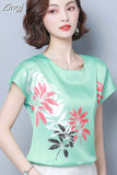 Women Floral Print Silk Casual Blouse 2023 Summer Korean Loose Short Sleeve Round Collar Casual Ladies Tops 9373