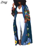 Trench Full Sleeve Print Coats Casual Fashion Overcoat Women Windbreaker Outer Long Bandage