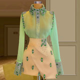 Green Cocktail Dresses Sheath Long Sleeves Short Mini Chiffon Beaded Homecoming Dresses Haute