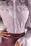 Fashion Vintage Shirts Woman Long Flare Sleeve Autumn Tops Slim Hollow Stand Collar Lace Blouse Women Blusas Mujer
