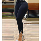 Women Black Slit Beaded Decor High Waist Eyelet Buckled Skinny Long Pants With Belt Casual Slim Fit Trousers