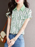 Fashion Women Shirts V-Neck Print Vintage Top Button Up Shirt Short Casual Shirts Summer 2023 Ladies Tops OL Womens