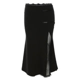 Zingj 2024 New Women's Design Sense Retro Lace Stitching Split Fishtail Skirt-Outfit