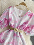 Women Printed Chiffon Dress Elegant V-Neck Short Puff Sleeve High Waist A-Line Vintage Vestidos With Sashes New