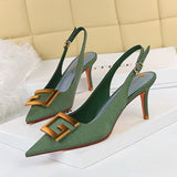 and American Fashion Women's Shoes Fine Heel High Heel Shallow Tip Hollow Metal Quartet Buckle Single