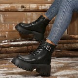Front With Side Zippered Women's Boots Thick-Bottomed Belt Buckle Fashion Women's Boots Low-Clinular Round Head Black Martin