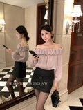 Xixi 2025 Autumn White Standard French Temperament Cloud Out-Shoulder Design Chiffon Long Sleeve Top