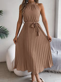 Shooting 2025 Spring And Summer Elegant Tie Without Sleeves To Close The Waist 100 Folding Long Dress Women's