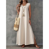 Summer Dress Women's Sleeveless V-Neck Side Opening Dress Elegant Long