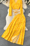 Autumn Women Printed Bandage Two Piece Set Vintage V-Neck Long Sleeve Short Tops + High Waist Split Skirt Suit 2Pcs