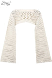 Women's White Knitted Sweater Korean Harajuku Hollow Out Vintage Casual O-Neck Loose Long Sleeved Jumpers Pullover Crop Top