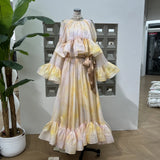 Spring Atmosphere Super Beautiful Age Reduction Lotus Leaf Side Dyed Shoulder Horn Long Sleeve Top + Irregular Long