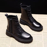 Black Mid-Clinic Martin Boots Women 2025 Autumn And Winter New Tying With Korean Version Of The Locomotive Short Boots Round Head Leisure Single