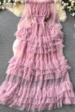 Autumn Women Ruffle Mesh Party Long Dress Sexy Slash Neck Off Shoulder See Through Maxi Robe Female New
