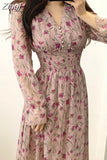 Flower Dress Women Floral Chiffon Clothes Maxi Dresses Beach Elegant Autumn Pink Korean Long Sleeve V Neck Vestidos De