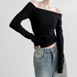 Zingj One Word Shoulder Sexy Off The Shoulder Slim Long-Sleeved T-Shirt Slim Hot Girl Pure Color Short